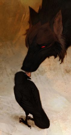 a painting of a black bird with red eyes and a wolf's head on the ground