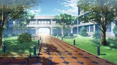 an artist's rendering of a walkway in front of a building with trees and grass