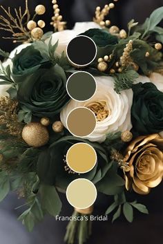 a bridal bouquet with white roses and greenery in shades of green, gold and grey