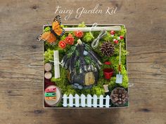 a miniature garden kit is displayed on a wooden table