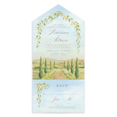 an image of a wedding card with watercolor paint and greenery on the front