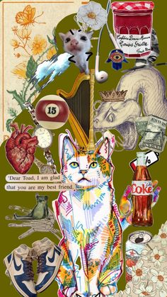 a collage of cats and other items on a green background with the words, i love you