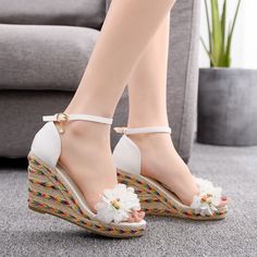 Gender: For WomenStyle: Fashion,KoreanOccasion: Casual,Party/Club,Office/CareerHeel Height: 9cmPlatform Height: 2cmSeason: Spring,Summer,Fall/Autumn,WinterPackage Contents: 1 x Shoes (Pair)Please see our size guide as below, you can choose the size according to your foot length and width.If your foot is a little wide and thick, we suggest you choose 1 size larger.Size Guide:28 = foot length 18.5-19cm (Foot width=6.5-7cm)29 = foot length 19-19.5cm (Foot width=7cm)30 = foot length 19.5-20cm (Foot Buckle Booties, Summer Wedges, Fashion Korean, Casual Party, Wedge Espadrille, Wedge Sandal, White Flower, Fall Autumn, High Heel Sandals