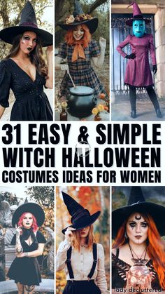 halloween costumes for women with text overlay that reads, 31 easy and simple witch costume ideas for women