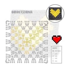 a crochet pattern with the shape of a heart in yellow and black on it