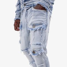 Premium Light Sand Blue Washed Multi Cargo Jeans Frayed Details Stacked 39" Length Model Height: 6'0" Model Weight: 170 lbs Size Worn: 32W 170 Lbs, Cargo Jeans, Denim Top, Fashion Set, Model Height, Jacket Tops, Blue