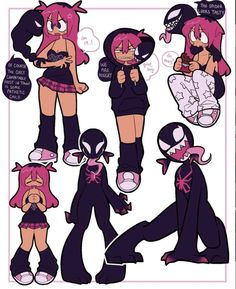 an image of some cartoon characters with pink hair and black clothes, one is holding a baby