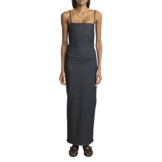 ALAIA denim dress with contrast topstitching Straight neckline Shoulder straps Full length Column silhouette Back walking vent Cotton/polyester/elastane Made in Italy Fitted Summer Dress With Contrast Stitching, Bedroom Candles, Contrast Topstitching, Entertainment Furniture, Column Dress, Straight Neckline, Bergdorf Goodman, Denim Dress, Shoulder Straps