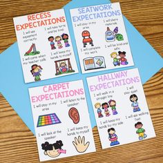 four cards with instructions on how to use the carpet expectations and what to expect them