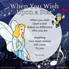 a fairy with an umbrella and music notes on it's back ground, which reads when you wish upon a star