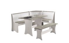 a white bench and table with two benches