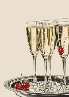 three glasses of champagne on a tray with cherries