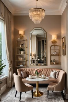 Elegant living room with plush seating, gold accents, chandelier, and a coffee table set for tea. Vintage Glamour Living Room, Glam Breakfast Nook, Regency Style House, Modern Regency Interior, Summerhouse Inspiration, Coffee Nook Ideas, Hollywood Regency Interior Design, Regency Interior Design, Gold Coffee Tables