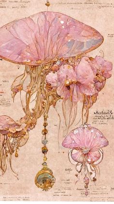 a drawing of jellyfish and other sea creatures with pink flowers on it's head