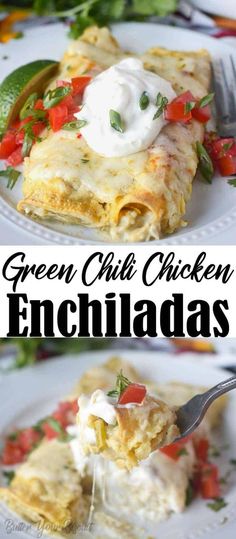 green chili chicken enchiladas on a white plate with a fork in it