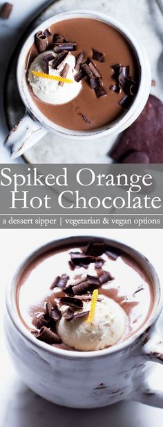 two bowls of hot chocolate with whipped cream and orange peels on top, one in the middle