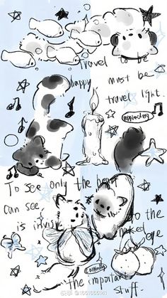 an ink drawing of dogs and cats with words written on them