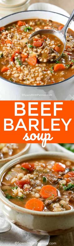 beef barley soup in a bowl with carrots and parsley