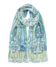 Palermo Paisley Wrap in color Sky Blue Bohemian Summer Scarves With Floral Print, Summer Bohemian Scarves With Floral Print, Patterned Silk Scarf With Floral Print For Spring, Green Bohemian Silk Scarf With Floral Print, Bohemian Patterned Scarves For Spring, Patterned Bohemian Scarves For Spring, Blue Bohemian Silk Scarf For Spring, Bohemian Blue Silk Scarf For Spring, Casual Summer Paisley Print Scarves