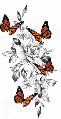 three butterflies flying over white flowers with black and orange leaves on the bottom right corner