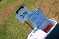 an ice chest with some fruit in it sitting on the grass next to a sign