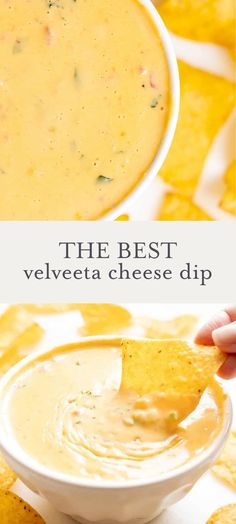 the best velveeta cheese dip in a white bowl with tortilla chips