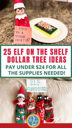 two elfs are on the shelf with dollar tree ideas and other christmas items for sale