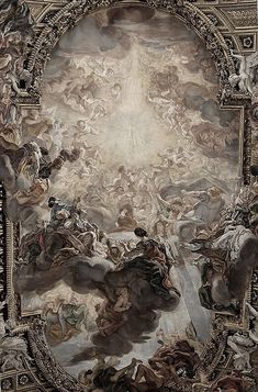 an ornate painting with many people in the center and one person standing on top of it