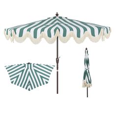 an umbrella with tassels on it is shown in green and white striped fabric