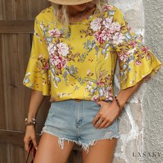 Lasaky - Delightful Brocade Blouse with Embellishments Yellow Floral Print Party Blouse, Party Yellow Blouse With Floral Print, Summer Party Printed Blouse, Elegant Yellow Top With Floral Print, Elegant Yellow Tops With Floral Print, Spring Floral Print Bell Sleeve Blouse, Elegant Printed Blouse For Summer, Fitted Floral Print Blouse With Bell Sleeves, Flowy Short Sleeve Tops For Party