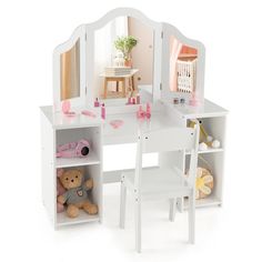 a doll house desk and chair with teddy bears