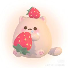 a white cat with a strawberry on its head is holding onto a pink ballon