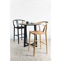 two chairs and a table with plates on it in front of a white wall,