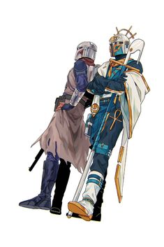 two people standing next to each other with swords and armor on their backs, one holding the