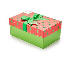 a green and red gift box with a bow on it's lid, sitting on a white surface