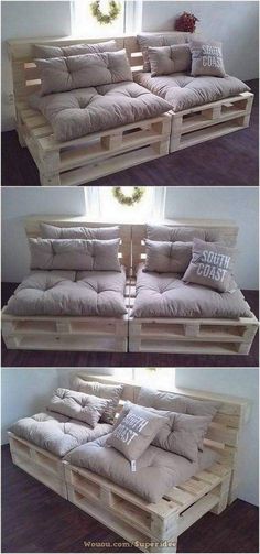 two pictures of a couch made out of wooden pallets with pillows on top and bottom