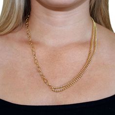 Audrey is a half double curb chain, half oval link necklace. This statement piece adds a simple elegance to everyday outfits and looks great layered with shorter necklaces. So effortlessly stylish that you'll want to wear our Audrey necklace every day! Product Features: Material: 18K gold plated alloy Length: Chain measures 19" and can be adjusted an extra 2.5" for 21.5" total length Lobster claw clasp Double Strand Gold Plated Figaro Chain Necklace, Gold Plated Double Strand Figaro Chain Necklace, Trendy Gold-plated Double Chain Necklace, Metal Figaro Chain Necklace For Layering, Trendy Gold Plated Double Chain Necklace, Gold-tone Double Chain Link Necklace, Trendy Double Strand Chunky Chain Necklace, Gold Cuban Link Double Chain Necklace, Chic Gold-plated Double Chain Necklace