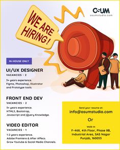 a flyer for an event with people in front of a megaphone and the words we are hiring on it