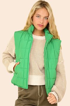 VERY J Zip Up Puffer Padded Warm Vest In Kelly Green Vest Coats, Graphic Tee Style, Athleisure Dress, Normal Body, Quilted Vest, Corduroy Jacket, Puffer Vest, New Arrival Dress, Kelly Green