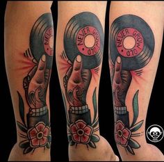 three different tattoos on the legs of people with dumbs and records in their hands