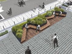 an aerial view of people walking and sitting on benches with plants growing out of them