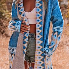 Women's Boho Chic Tribal Cardigan Comfy Acrylic Knit, Open Front Lapel, Color Block Design, Ideal For Spring, Winter Or Fall. Size Small Or Large Available, This Sweater Runs A Little Bigger Than Usual. New Without Tags, In Sealed Bag Questions? Leave A Comment Below! Blue Bohemian Sweater For Layering, Bohemian Long Sleeve Sweater Coat In Blue, Bohemian Long Sleeve Blue Sweater Coat, Bohemian Blue Long Sleeve Sweater Coat, Blue Bohemian Sweater Coat, Cardigan Plus Size, Boho Styl, Boho Mode, Autumn Look