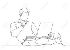 one continuous line drawing of a man sitting on the floor working on his laptop computer