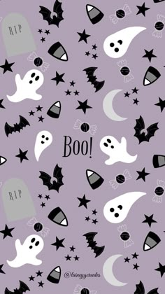 a purple background with black and white halloween items on it, including bats, ghost heads, and stars