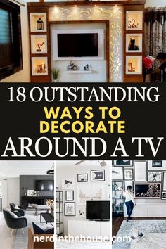 the living room is decorated in black and white with lots of pictures on the wall