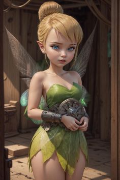 a woman dressed as tinkerbell standing in front of a wooden structure with her hands on her hip