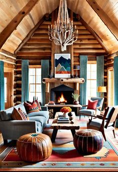 a living room filled with furniture and a fire place in the middle of a room