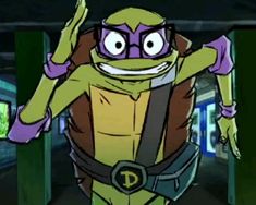 a cartoon character with glasses and a turtle on his back, wearing a purple helmet