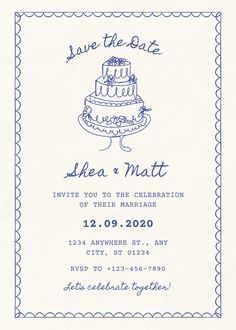 a blue and white save the date card with a cake on it's side