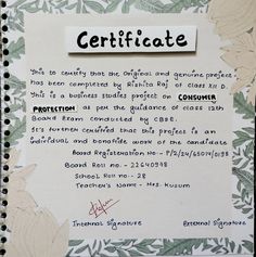 a piece of paper with the words certificate written on it